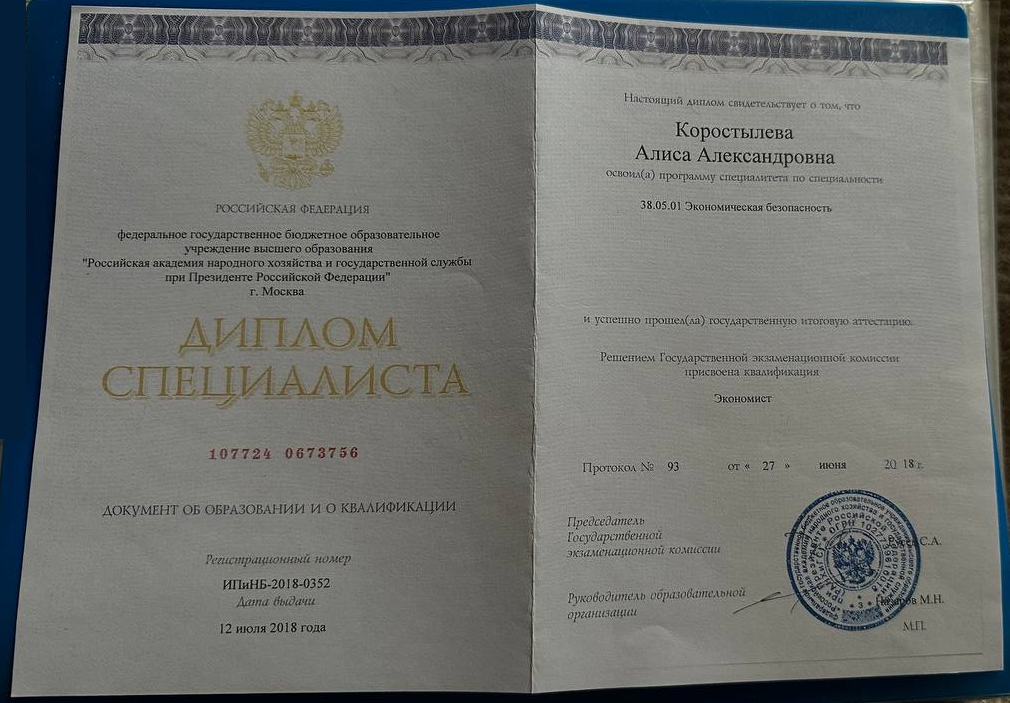 Диплом или награда Кузина Алиса Александровна